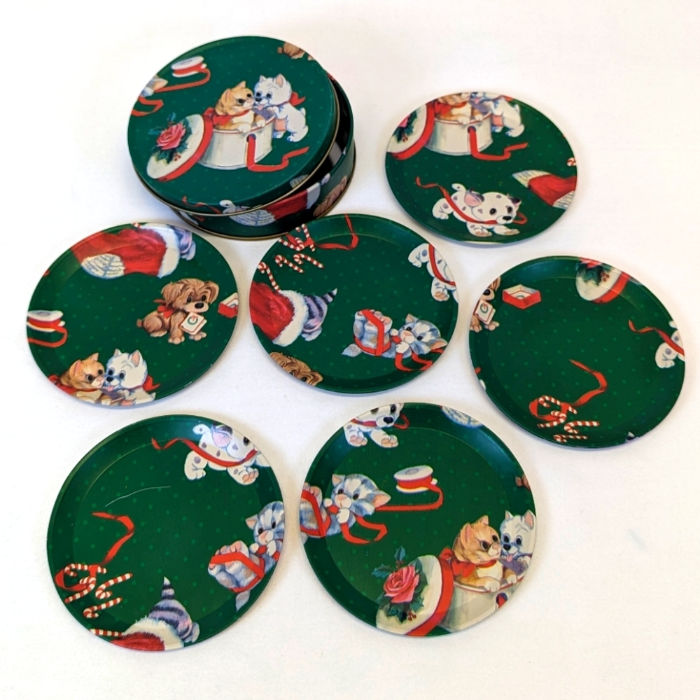 Vintage Christmas Holiday Cats & Dogs Coaster Set of 6 With Storage Tin - Metal